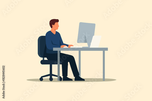 icon work art design vector element Business man entrepreneur in a suit working on a laptop computer at his clean and sleek office desk. Flat style color modern vector illustration.