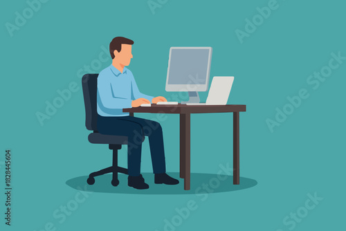 icon work art design vector element Business man entrepreneur in a suit working on a laptop computer at his clean and sleek office desk. Flat style color modern vector illustration.