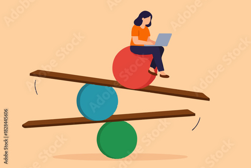 Work life balance, equality or weight between working for money and life happiness, health, success and healthy lifestyle concept, woman working with computer laptop while balance on equilibrium.