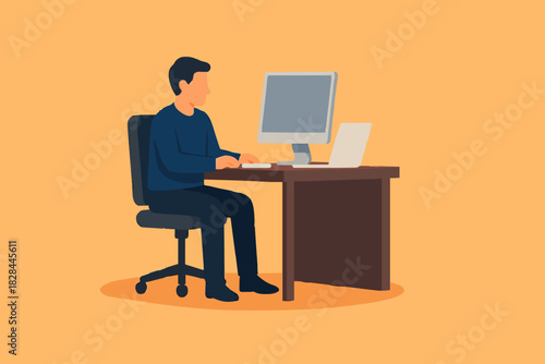 icon work art design vector element Business man entrepreneur in a suit working on a laptop computer at his clean and sleek office desk. Flat style color modern vector illustration.