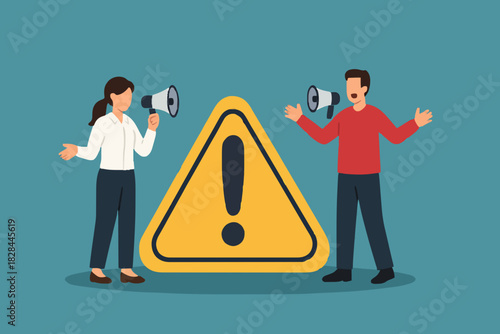 Important announcement, attention or warning information, breaking news or urgent message communication, alert and beware concept, business people announce on megaphone with attention exclamation sign