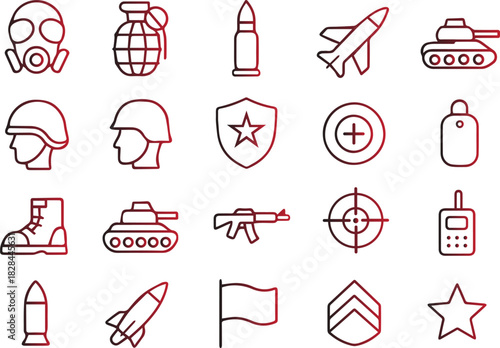 Collection of military and army line icons featuring essential equipment like gas mask, grenade, bullet, airplane, tank, helmet, shield, target, radio, boot, rifle, flag, rank insignia, and star