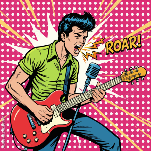 Pop Art Rock Musician Singing and Playing Electric Guitar