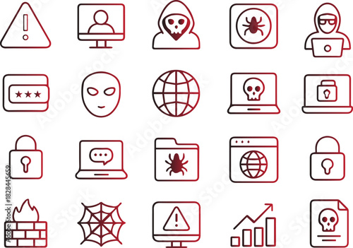 A collection of thin line icons representing cyber security threats, hacking, digital security, and online danger, isolated on white background