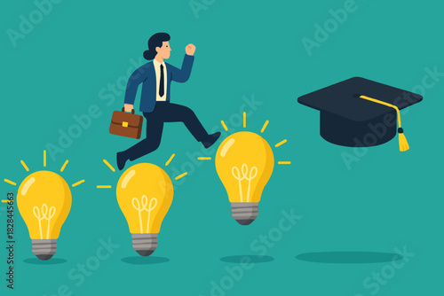 success step to achieve high education with knowledge, way to achieve higher education, journey to graduation, man jump through the light bulb idea towards graduation cap concept vector illustration