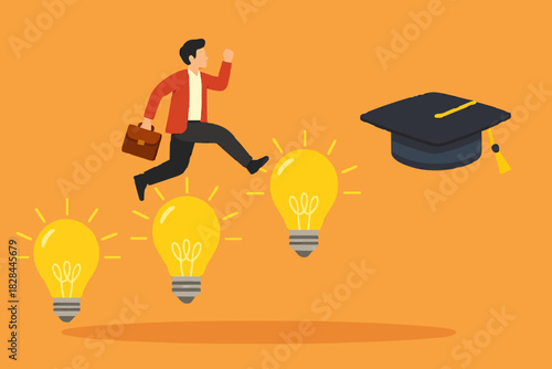 success step to achieve high education with knowledge, way to achieve higher education, journey to graduation, man jump through the light bulb idea towards graduation cap concept vector illustration