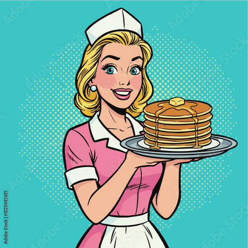 Happy Waitress Serving Delicious Pancakes Retro Pop Art Style