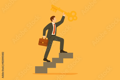 Key to business success, stairway to find secret key or achieve career target concept, businessman winner walk up to top of stairway lifting golden success key to the sky.