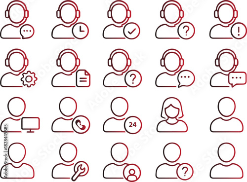 Collection of line art icons representing customer support agents, service personnel, and user profiles with various communication and assistance symbols like headsets, clocks, checks, and question ma