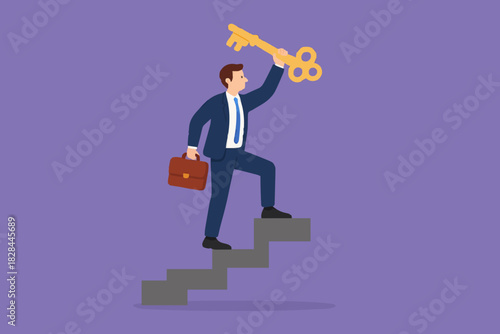 Key to business success, stairway to find secret key or achieve career target concept, businessman winner walk up to top of stairway lifting golden success key to the sky.