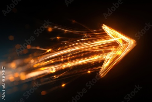 Dynamic glowing arrow indicating movement through a dark space with shimmering light effects