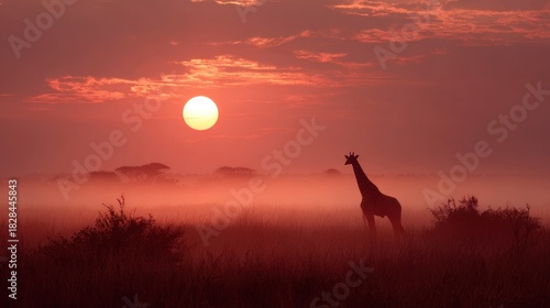 Giraffe silhouette against a hazy sunset in a warm toned african landscape with sparse vegetation