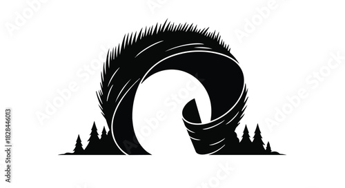 Whimsical forest gate with stylized trees and swirling fur texture