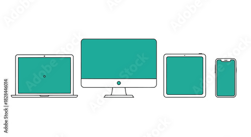 Responsive design concept showing various electronic devices with teal screens