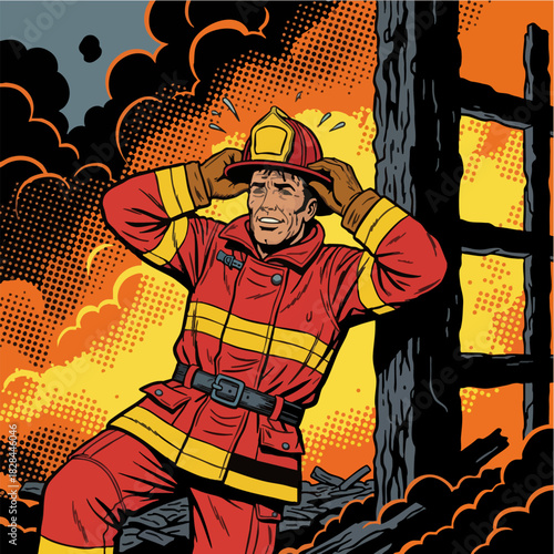 Firefighter feeling exhausted during a dangerous building fire.