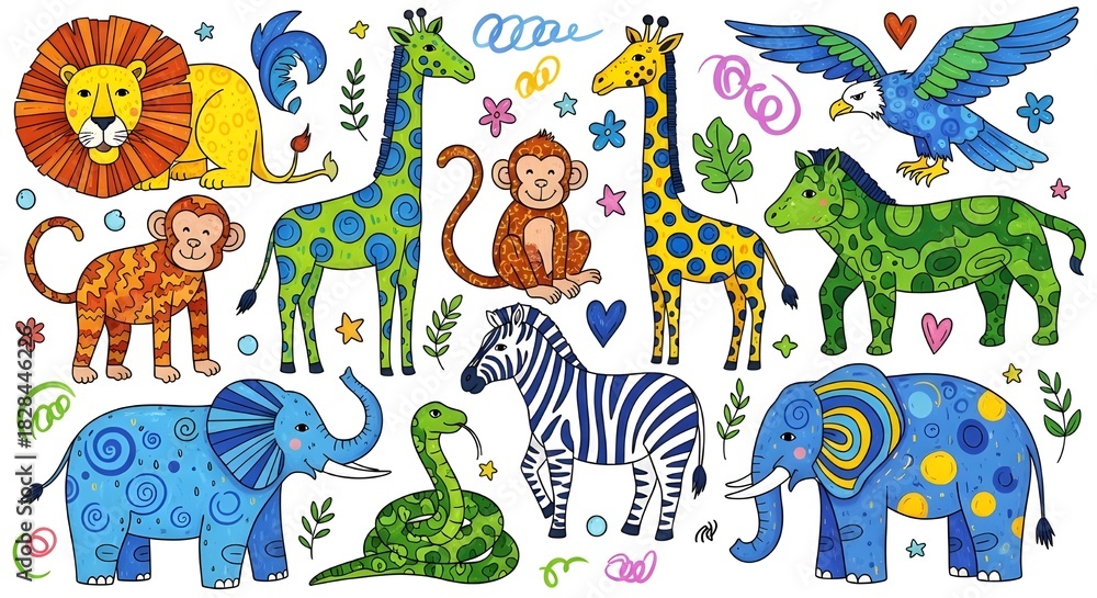 Obraz premium Wild Animals Colorful Doodle Art – Cute and Fun Wildlife