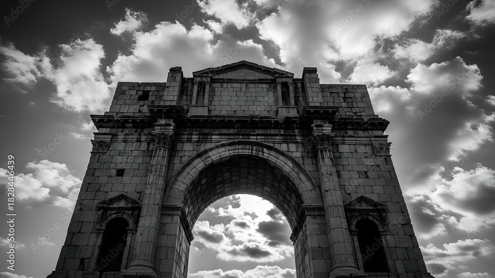 Fototapeta premium Ancient Roman Arch Tyre Dramatic Sunset Sky