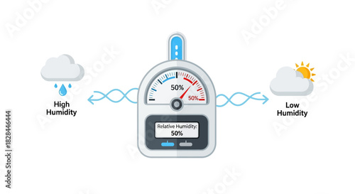 Relative humidity meter illustrating high and low humidity conditions with weather icons