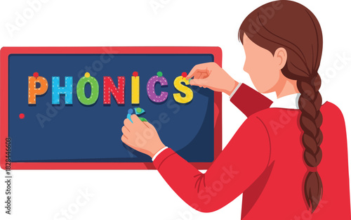 Vector Illustration of Child Writing Phonics on Blackboard in Flat Modern Style with Bright Colors