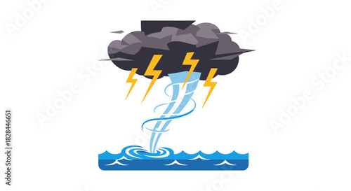 Stylized depiction of a waterspout touching down in the ocean during a thunderstorm
