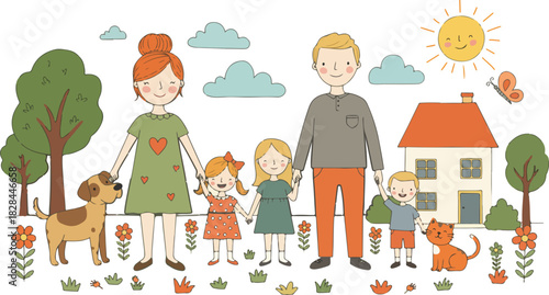 Charming illustration of a happy family with parents children and pets in a vibrant outdoor setting with a house and trees