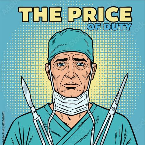 Exhausted Surgeon Holding Scalpels in Pop Art Style Illustration