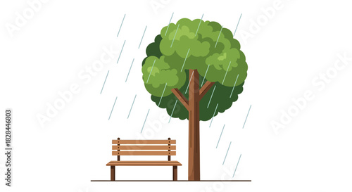 A minimalist illustration of a park bench under a tree in a rainy atmosphere evoking a somber mood