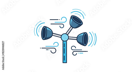 Stylized vector illustration displaying a blue anemometer measuring velocity of the wind