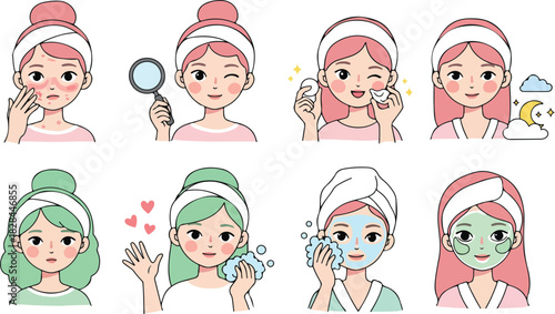 Collection of diverse women performing skincare routines with various products and tools for beauty and self care