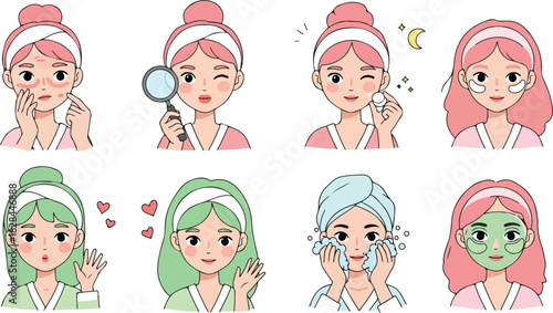 Collection of eight diverse illustrated young women performing various skincare routines and facial treatments with beauty products