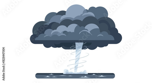 Graphic depiction of a waterspout touching down on the water beneath storm clouds