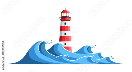 Iconic lighthouse with red and white stripes standing strong amidst crashing blue waves