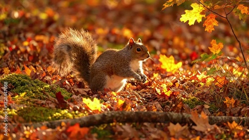 A wild eastern gray squirrel meticulously foraging for hidden nuts and seeds amidst a vibrant carpet of fallen autumn leaves, showcasing its instinctive behaviors.