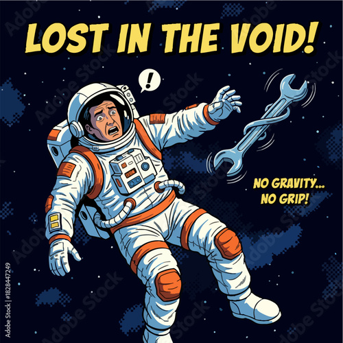 Distressed astronaut lost in space retro comic style illustration