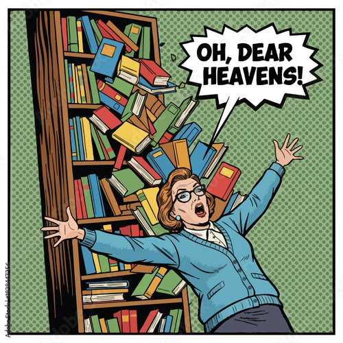 Pop Art Woman Screaming as Bookshelf Collapses Disaster