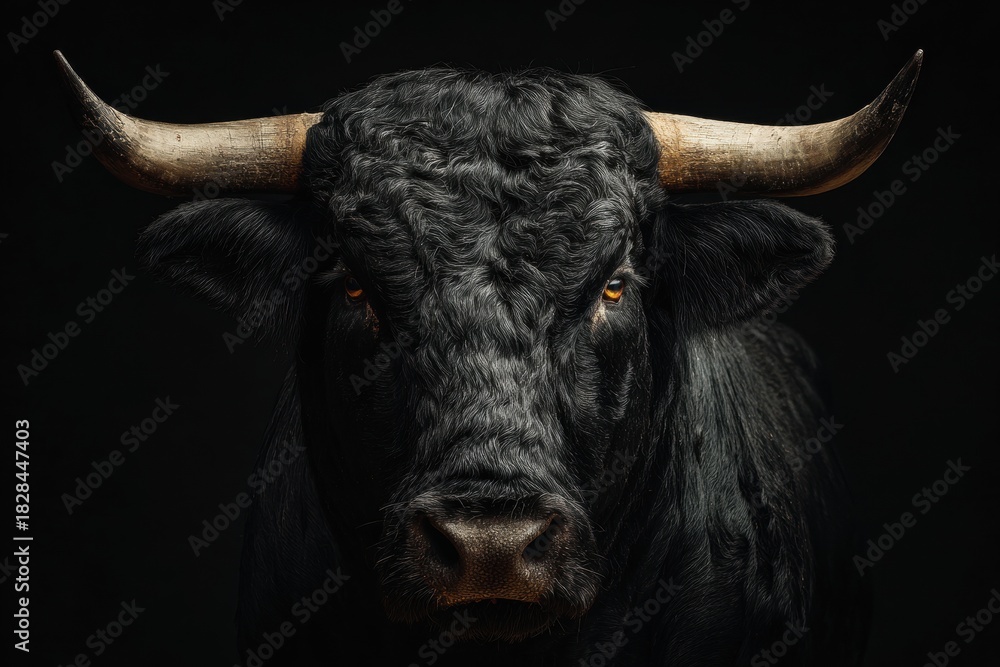 Naklejka premium Majestic black bull gazing intensely in a dark setting with striking features and details