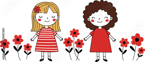 Two happy young girls standing in a field of red flowers with white background