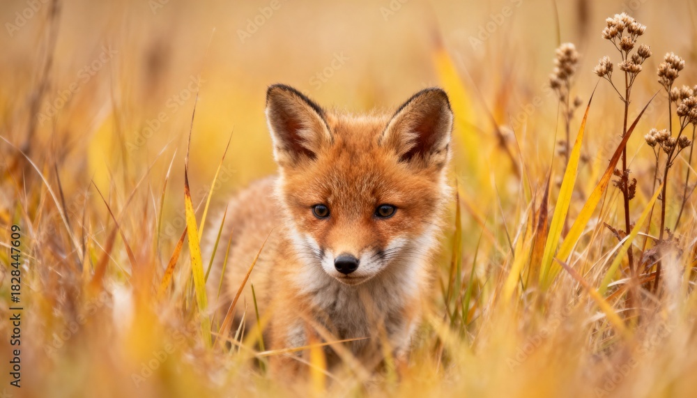 Fototapeta premium Adorable red fox cub peeking through golden autumn grass with soft, warm light and shallow depth of field