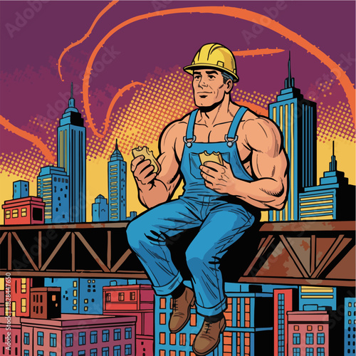 Strong Construction Worker Lunch Break on City Skyscraper Beam