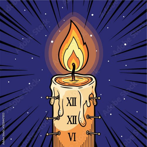 Vector Illustration of Mystical Burning Candle and Symbolic Time