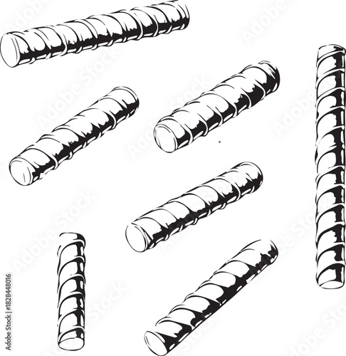 Collection of ribbed steel reinforcing bars on a white background