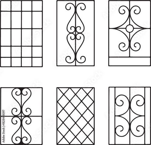 Collection of six decorative wrought iron window grill designs