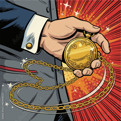 Businessman Hand Holding Shiny Gold Pocket Watch and Chain Illustration