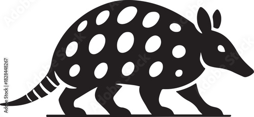 Stylized black armadillo with white spots walking on white background