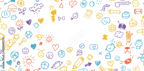 A vibrant and playful collage of colorful hand drawn doodles and sketches of faces and simple objects on a white background