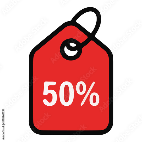 Red Sale Tag with 50 Discount Black Outline.