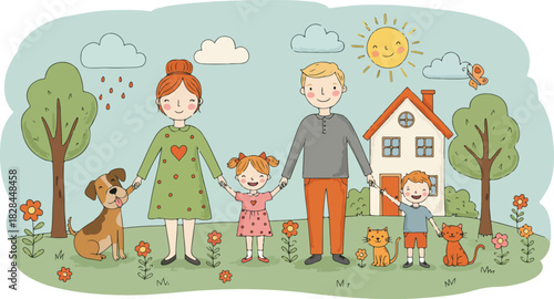 Charming hand drawn illustration of a happy family with pets and a house in a whimsical outdoor setting