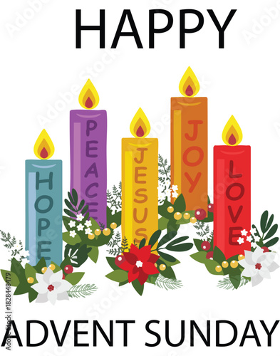 PrintAdvent Sunday candles with themed words and festive greenery