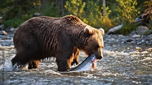Brown bear holds a fish in its mouth as it stands in a stream with forest trees in the background