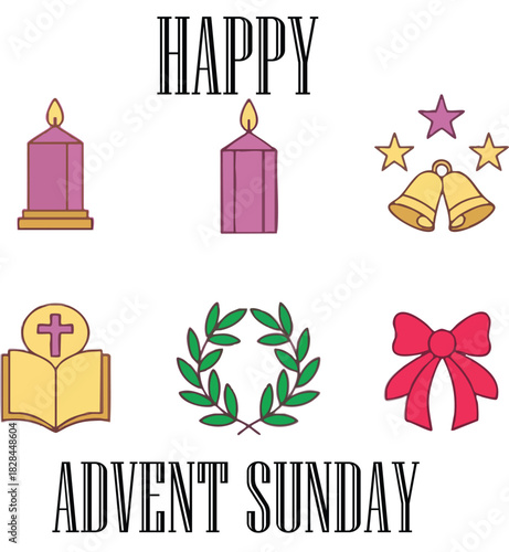 PrAdvent Sunday icons with candles, bells, book, wreath, and bowint